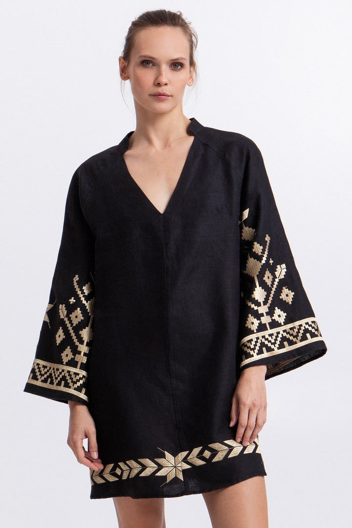 Greek Archaic Kori S26K-2043204 Black Gold Bell Sleeve Linen Dress 1201