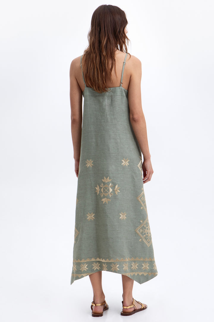 Greek Archaic Kori S26K-2143063 Sage Gold Lefkada Linen Dress 1701