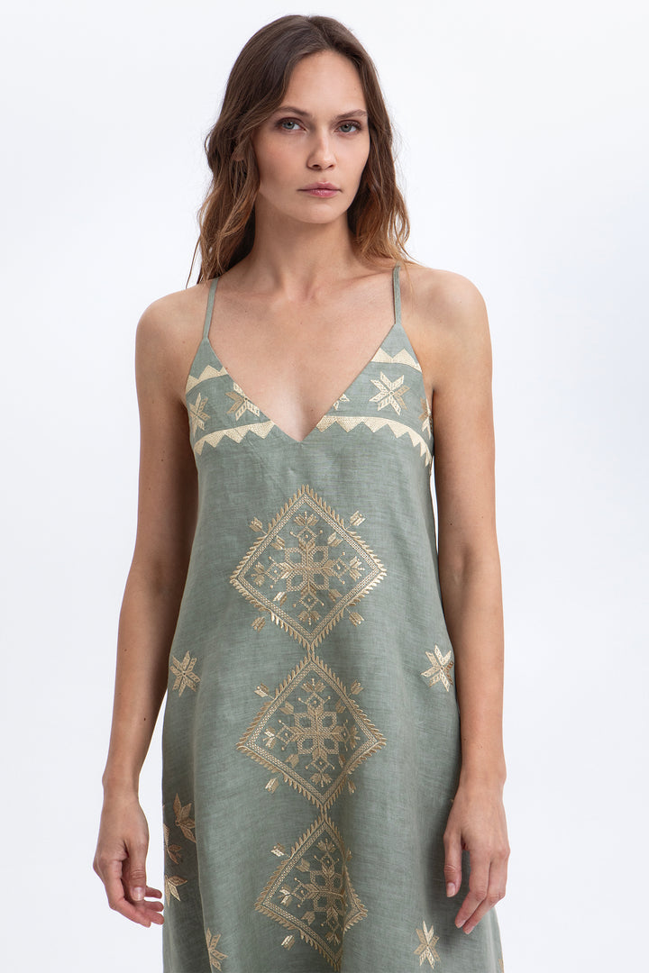 Greek Archaic Kori S26K-2143063 Sage Gold Lefkada Linen Dress 1701