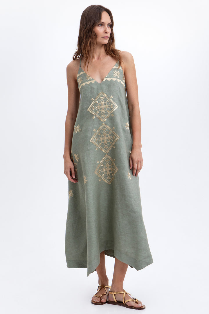 Greek Archaic Kori S26K-2143063 Sage Gold Lefkada Linen Dress 1701