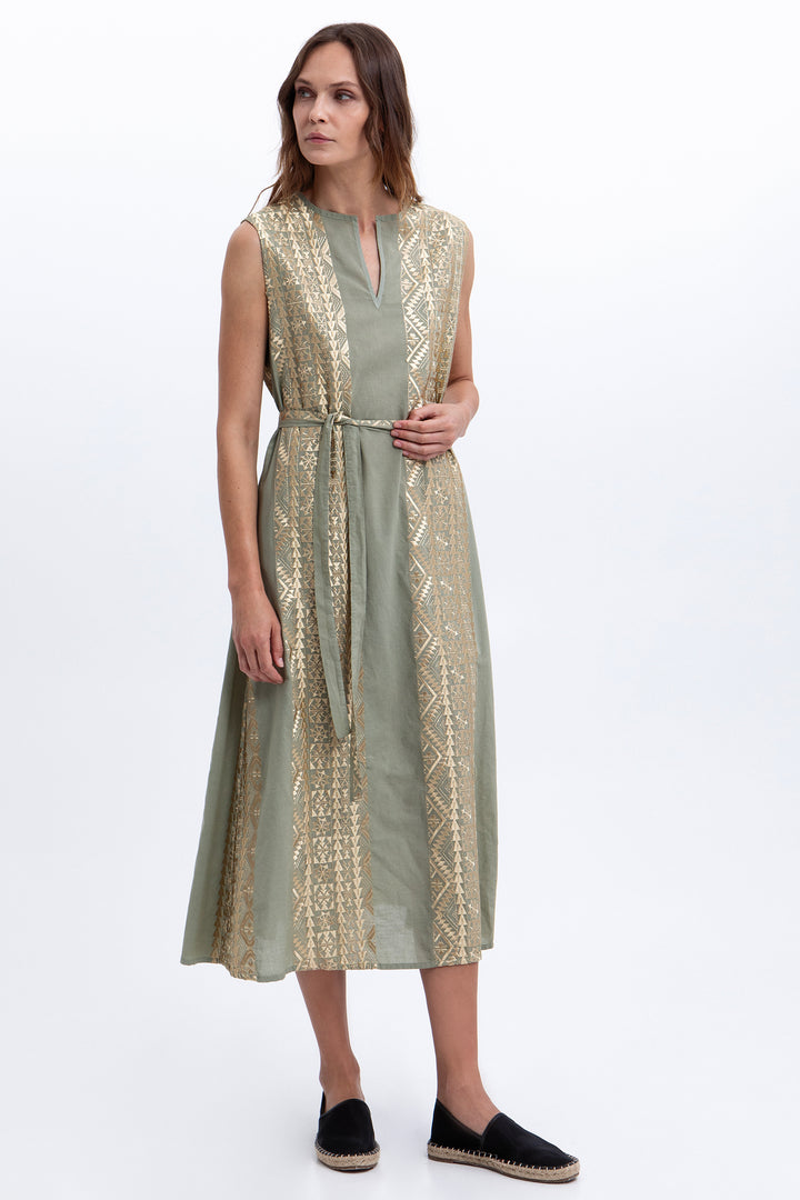 Greek Archaic Kori S26K-3103167 Sage Gold Sleeveless Dress 2701