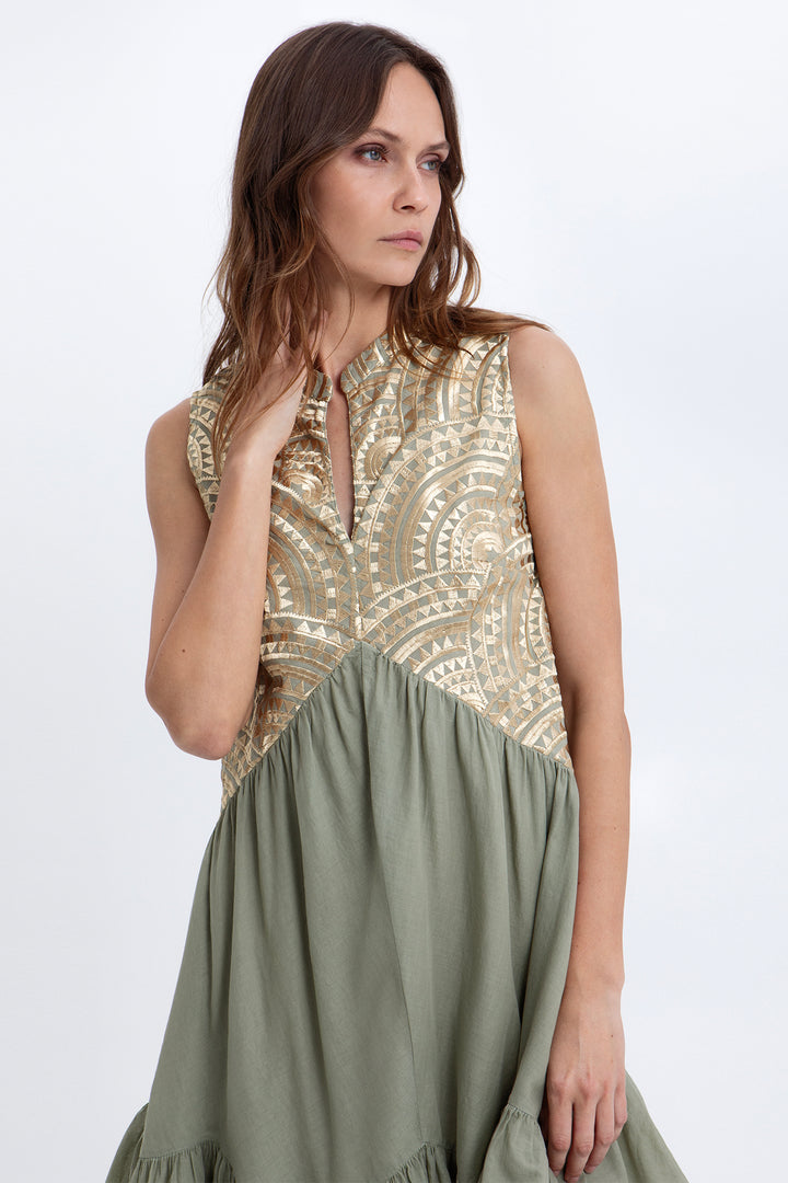 Greek Archaic Kori S26K-3113102 Sage Gold Sleeveless Dress 2701