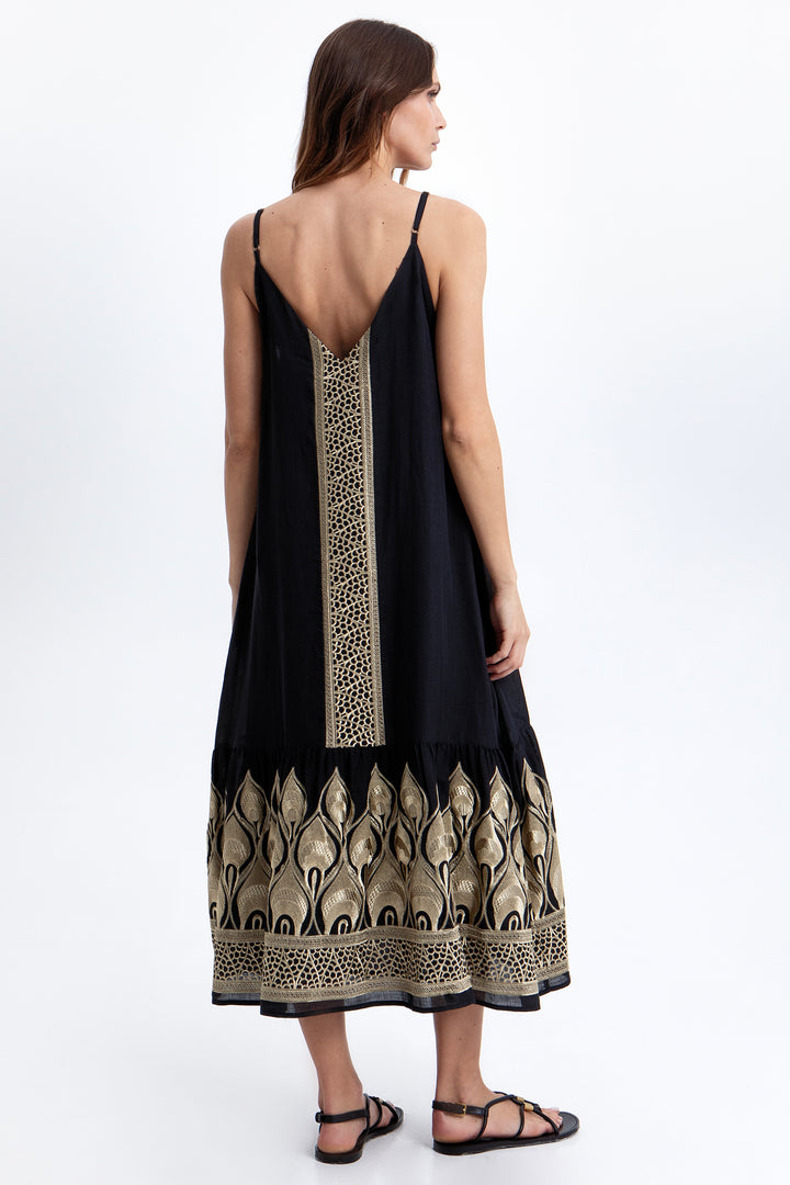 Greek Archaic Kori S26K-4033207 Black Gold Pheonix Strap Dress 4201