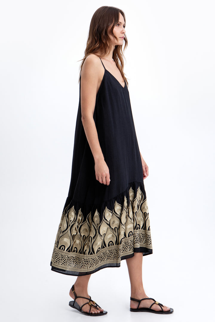 Greek Archaic Kori S26K-4033207 Black Gold Pheonix Strap Dress 4201