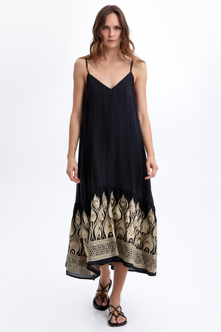 Greek Archaic Kori S26K-4033207 Black Gold Pheonix Strap Dress 4201