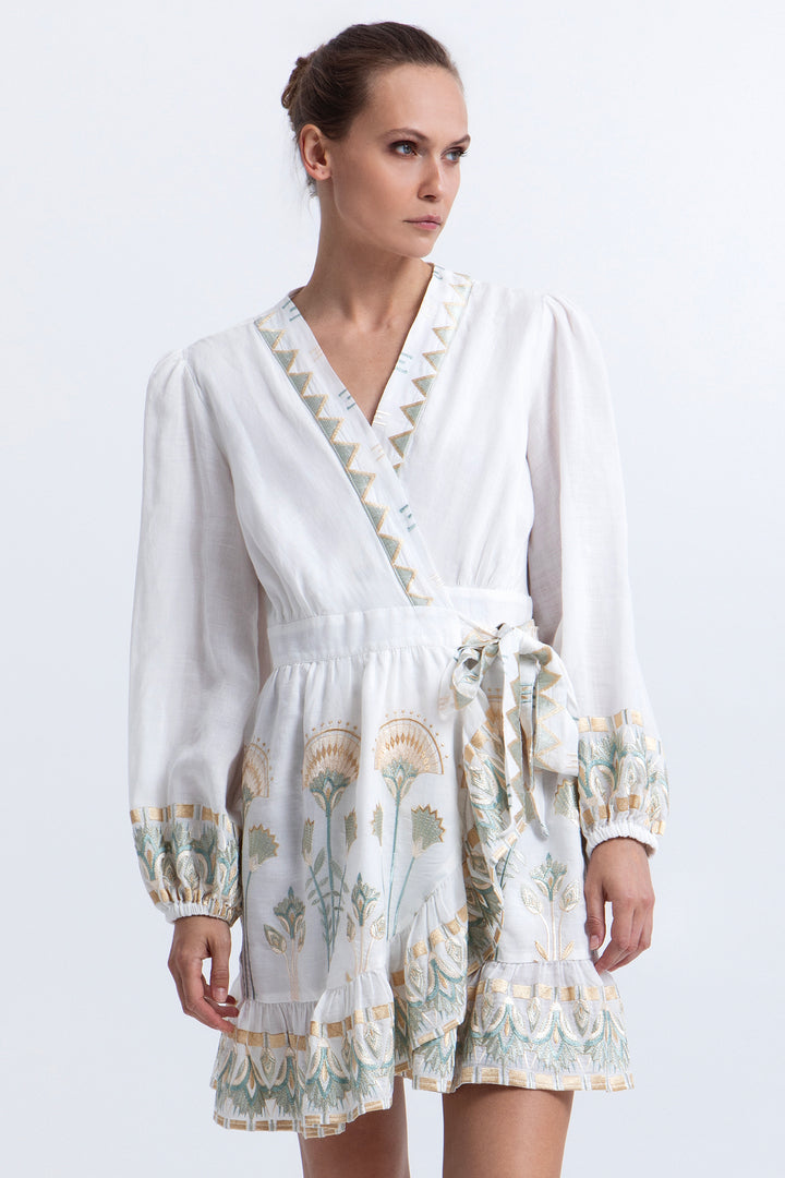 Greek Archaic Kori S26K-4073174 White Multi Papyrus Dress 4115