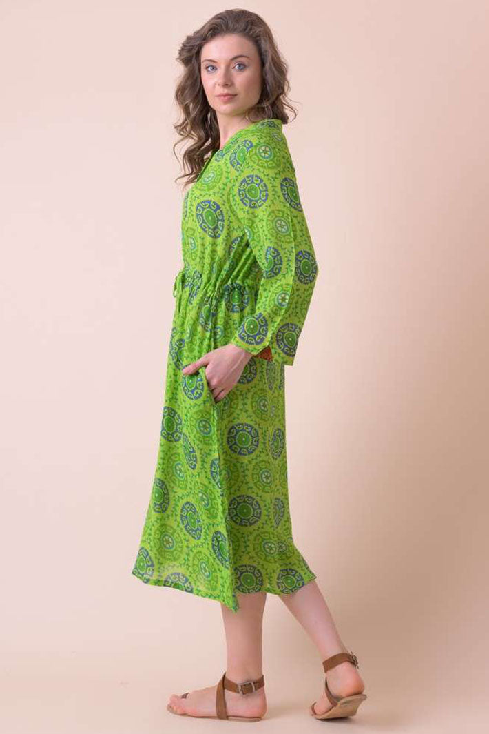 Handprint Dream Apparel AN842B Clara Lime Green Tie Waist Shirt Dress - Olivia Grace Fashion