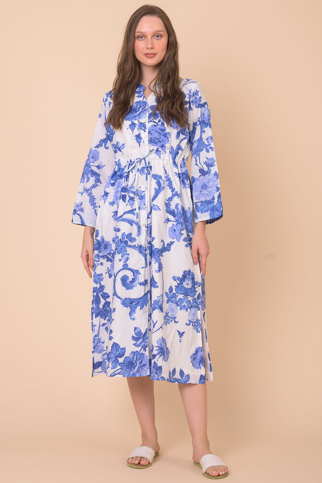 Handprint Dream Apparel AN842F Clara Peony Blue Floral Print Shirt Dress - Olivia Grace Fashion