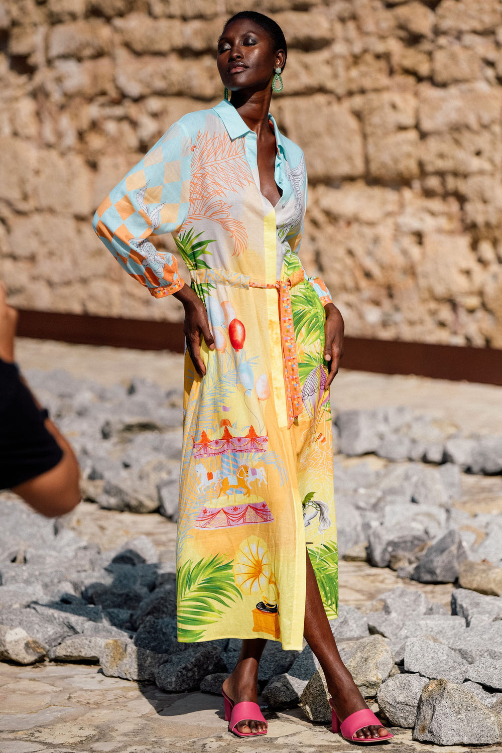 Herzen's Angelegenheit 25242-6816 242044 Orange Glow Print Linen Shirt Dress - Olivia Grace Fashion