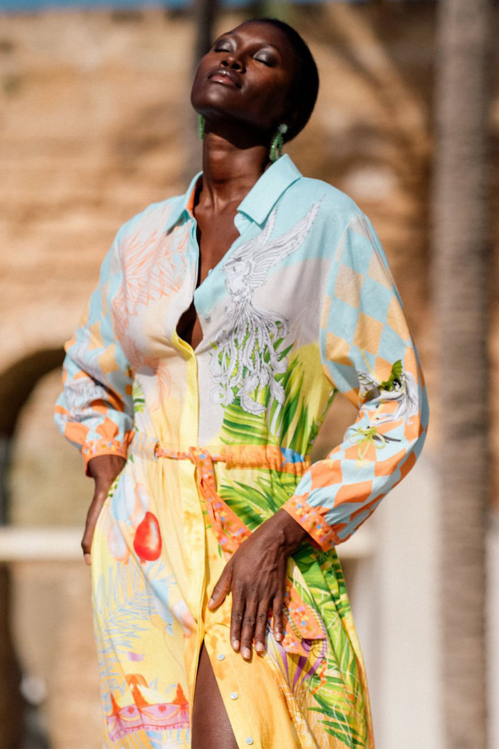 Herzen's Angelegenheit 25242-6816 242044 Orange Glow Print Linen Shirt Dress - Olivia Grace Fashion