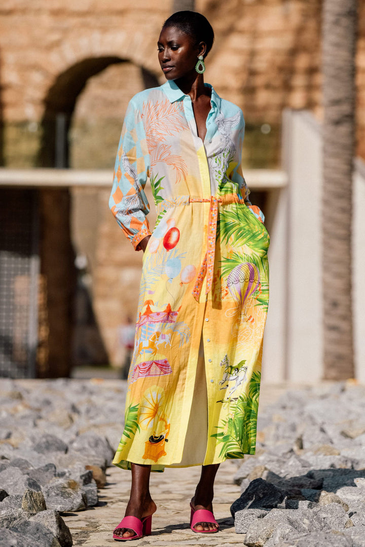 Herzen's Angelegenheit 25242-6816 242044 Orange Glow Print Linen Shirt Dress - Olivia Grace Fashion