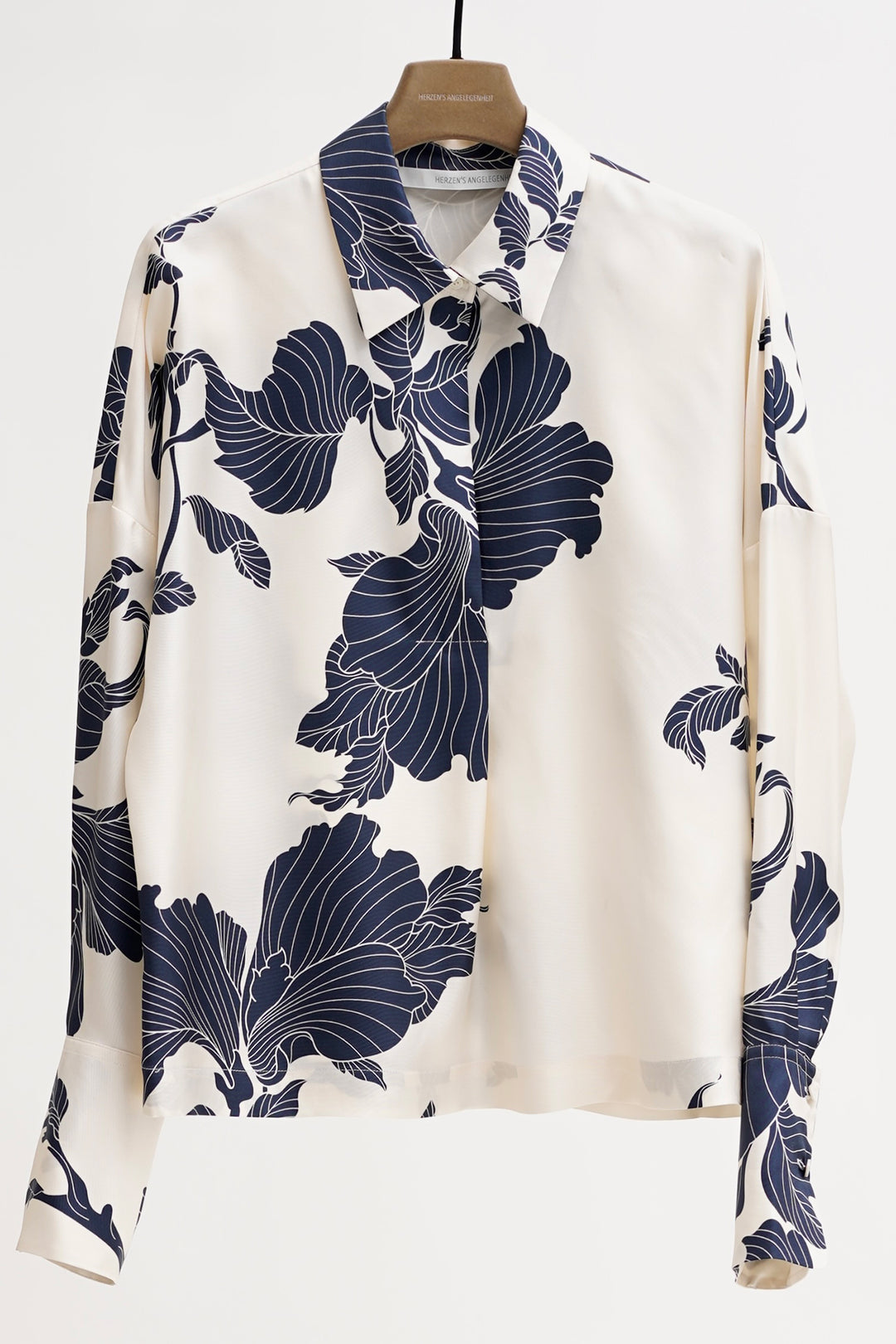 Herzen's Angelegenheit 25253-6168 Navy Cream Print Silk Blouse 253064 - Olivia Grace Fashion