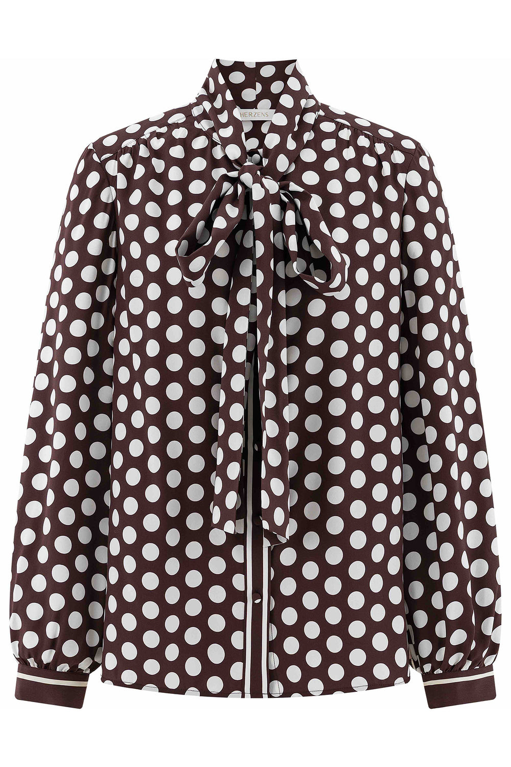 Herzens Black Coffee Creamy Spot Bow Blouse 25263-6056 at Olivia Grace Fashion