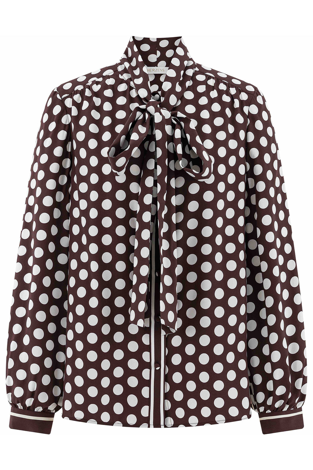Herzens Black Coffee Creamy Spot Bow Blouse 25263-6056 at Olivia Grace Fashion