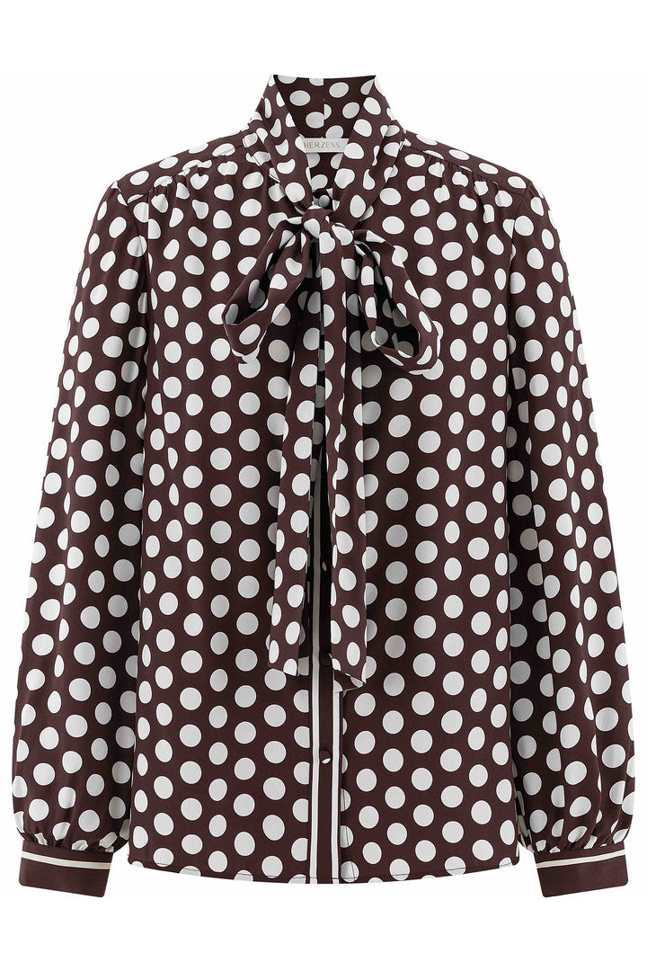 Herzens Black Coffee Creamy Spot Bow Blouse 25263-6056 at Olivia Grace Fashion