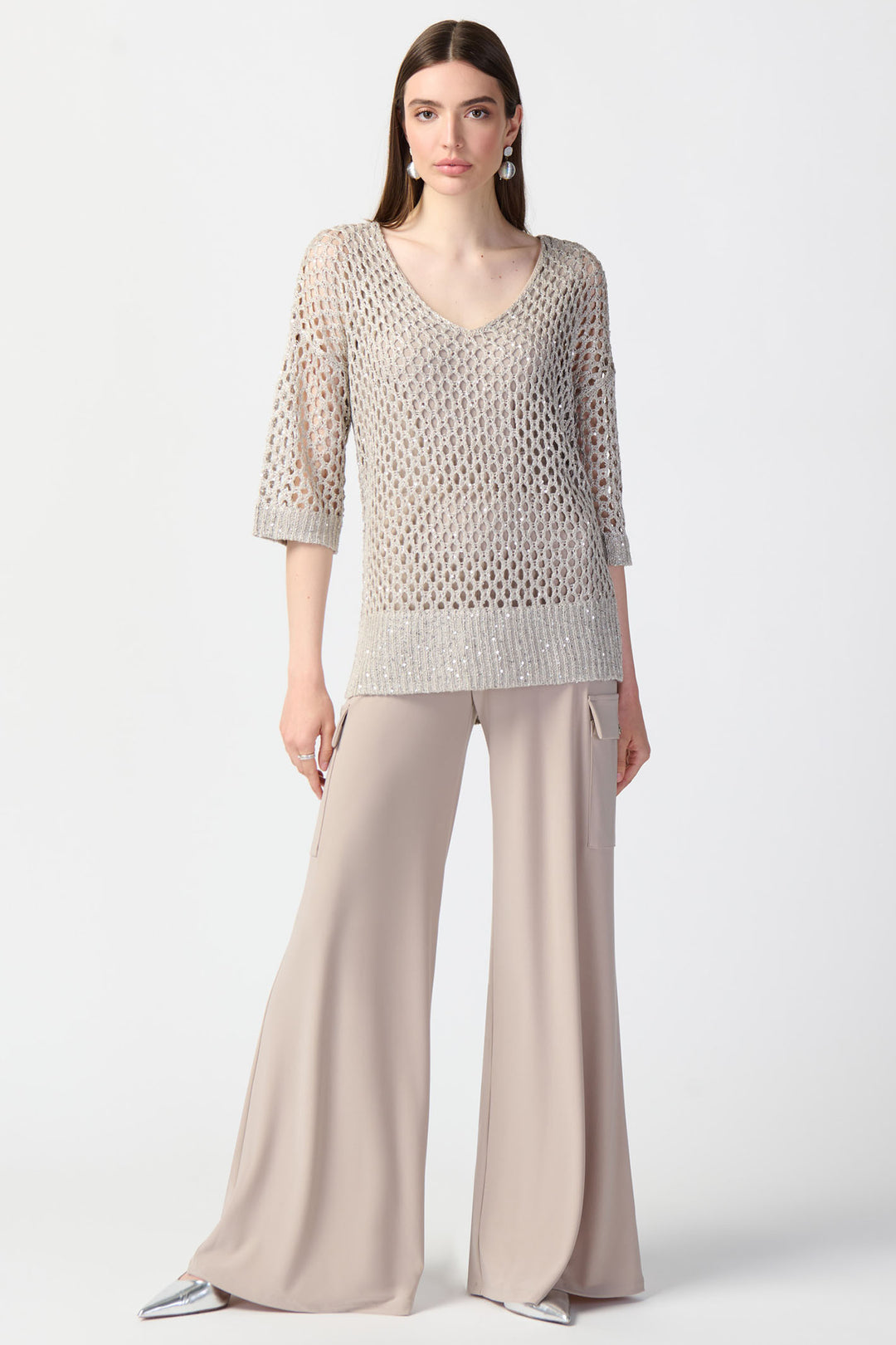 Joseph Ribkoff 241922 3059 Taupe Mesh Knit Sequin Jumper - Olivia Grace Fashion