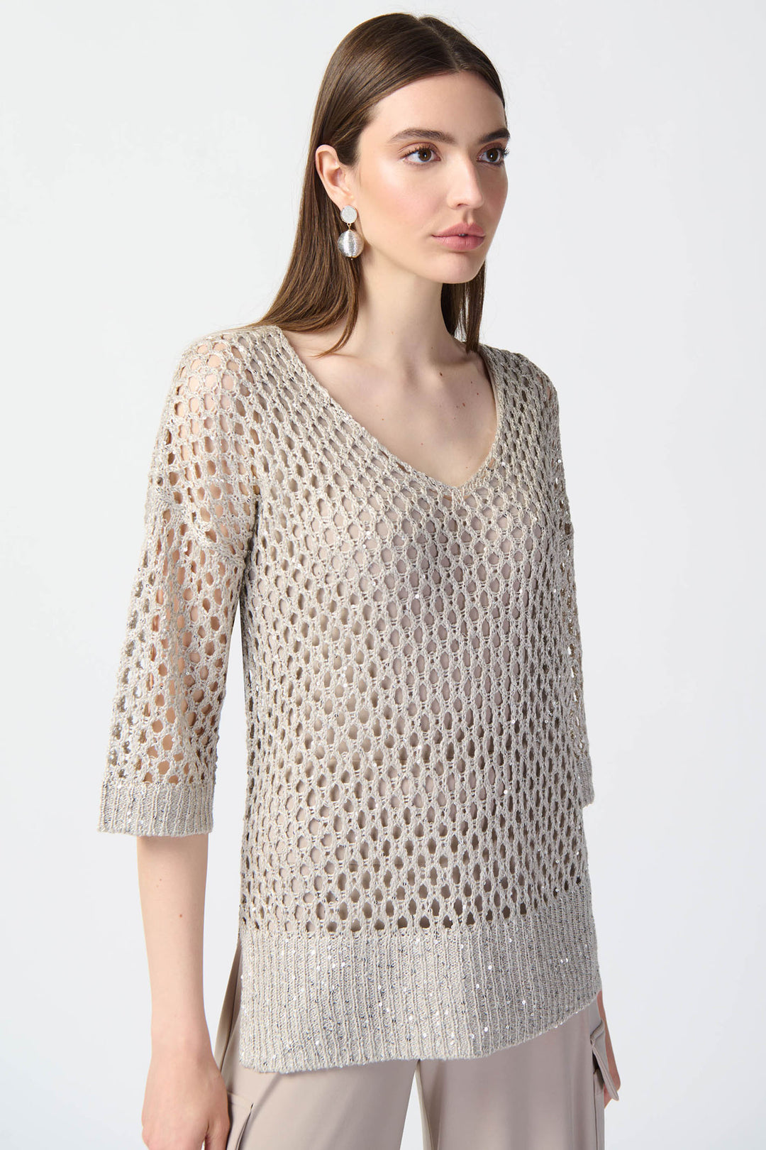 Joseph Ribkoff 241922 3059 Taupe Mesh Knit Sequin Jumper - Olivia Grace Fashion