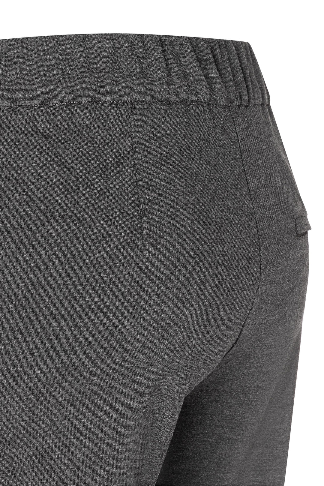 Close-up of gray pants with a focus on the side pocket and fabric texture.