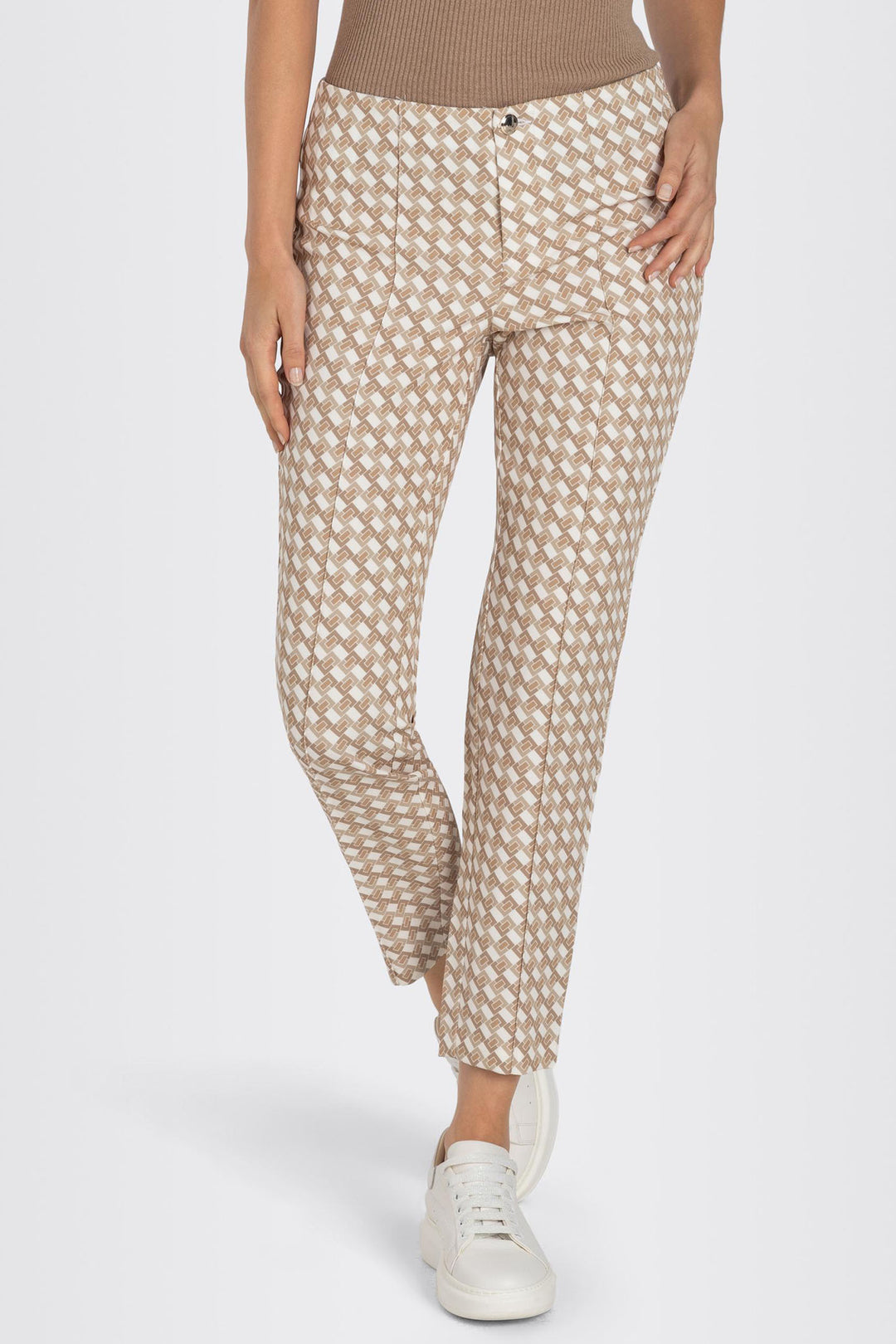 Mac 5276-00-0124 232B Anna Light Camel Brown Print Bistretch Trousers - Olivia Grace Fashion