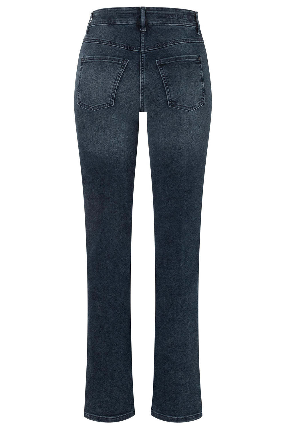 Back view of dark blue jeans on a white background