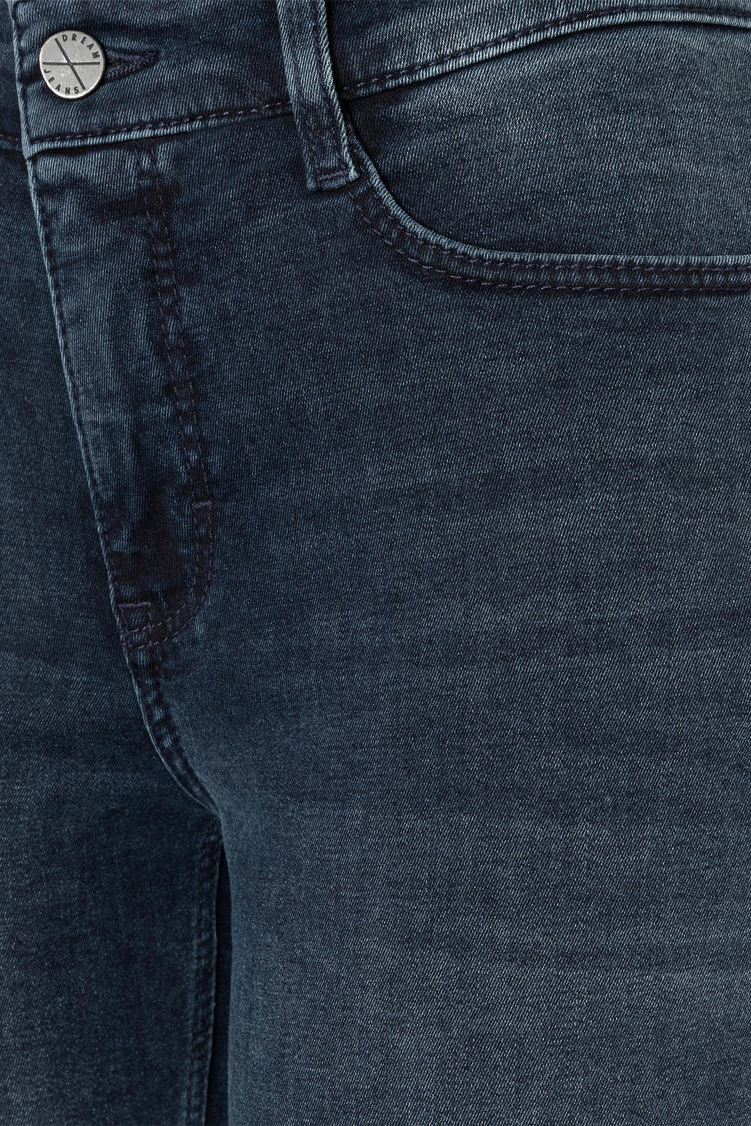 Close-up of blue denim jeans with a button and zipper detail.