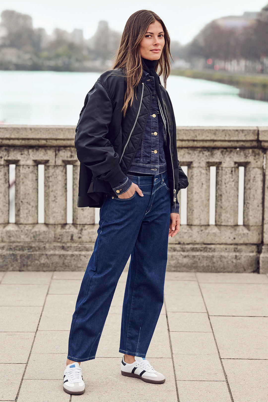 Mac Bobbie Blue Fashion Rinsed Barrel Jeans, full length front, worn with a black bomber jacket