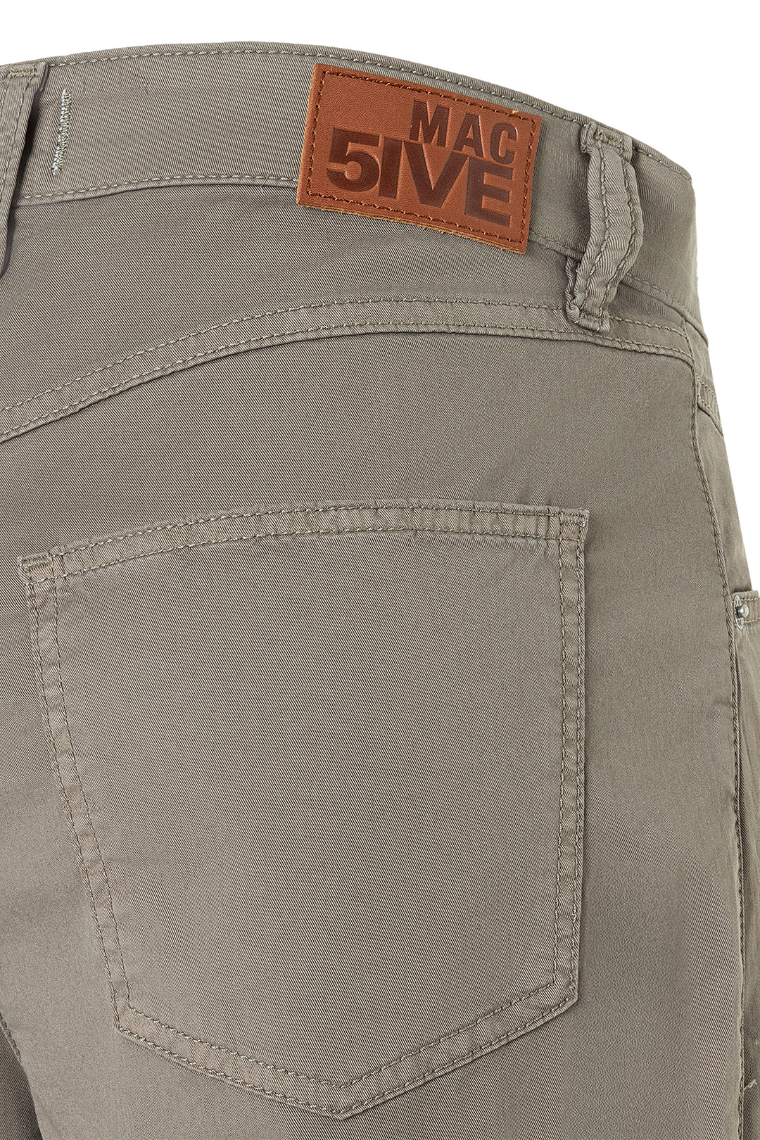 Mac Bora 2.3 Zip Mat Green Antique Authentic Stretch Gabardine Trousers 3141-00-0434L 662A, back pocket detail, flat