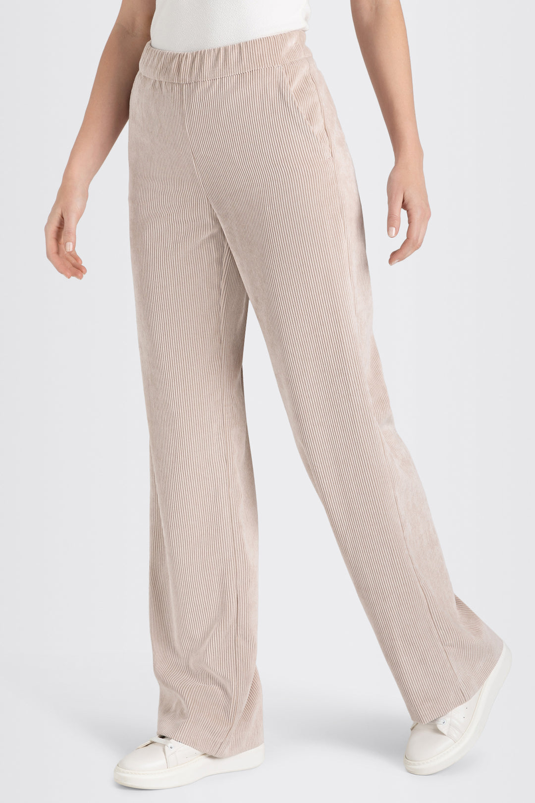 Mac Chiara White Sand Beige Fluid Corduroy Trousers 32L - side view, walking