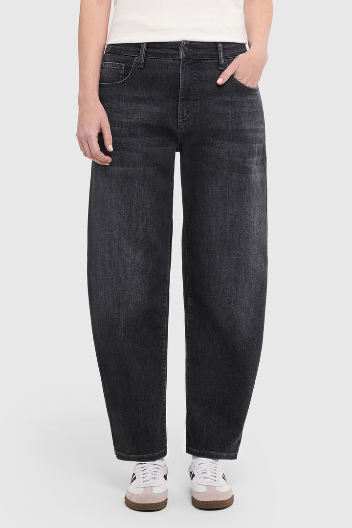 Mac Danni Black Wash Light Authentic Denim Barrel Jeans, front view on model