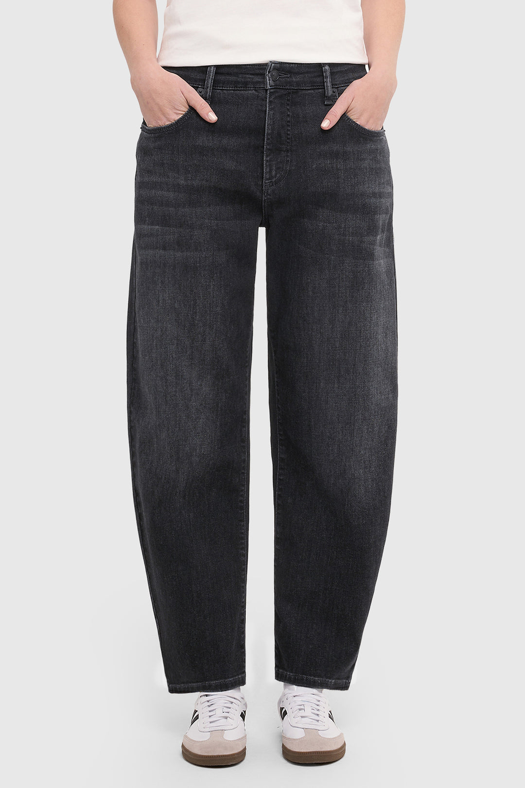 Mac Danni Black Wash Light Authentic Denim Barrel Jeans, front view with hands in pockets