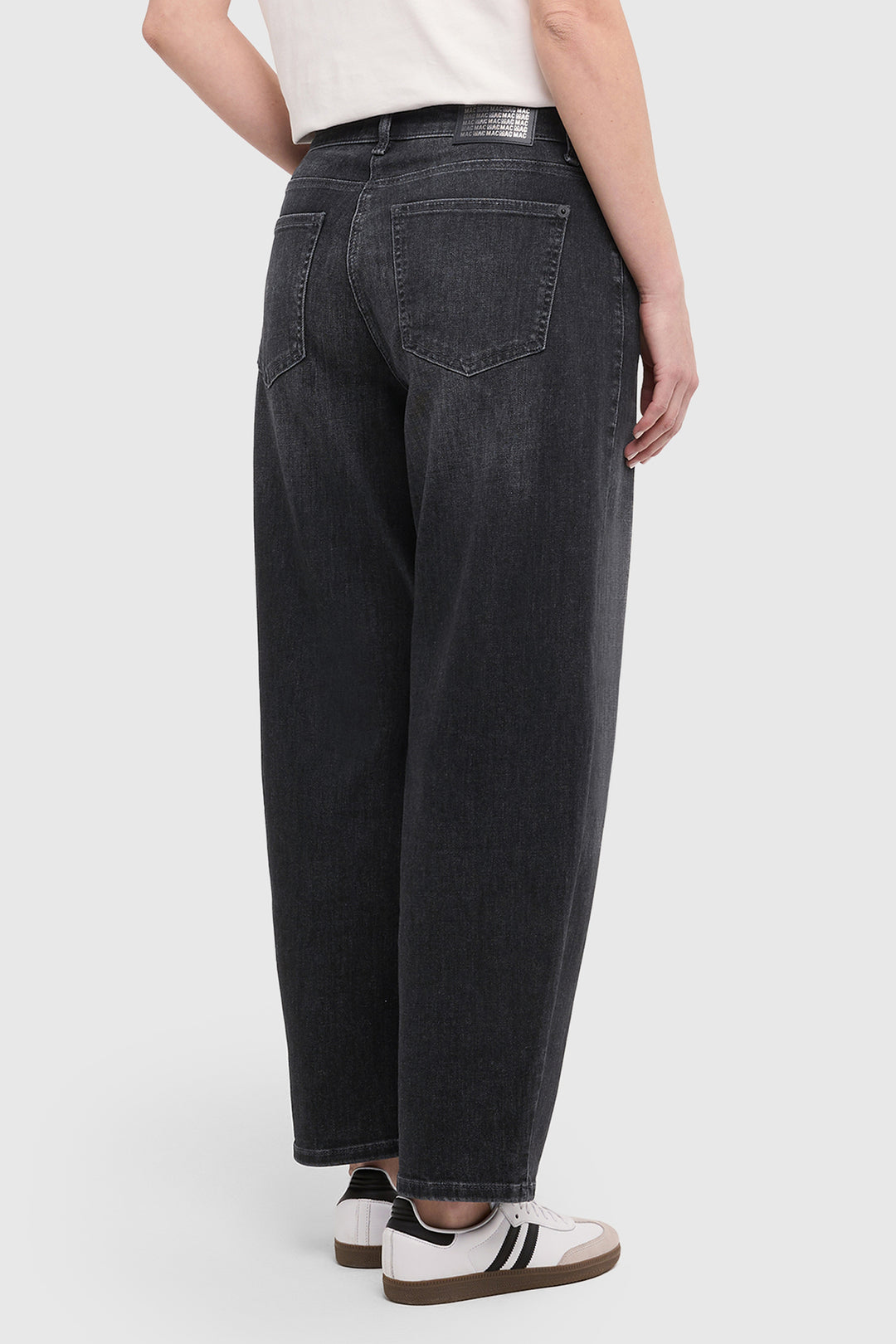 Mac Danni Black Wash Light Authentic Denim Barrel Jeans, back three-quarter view on model