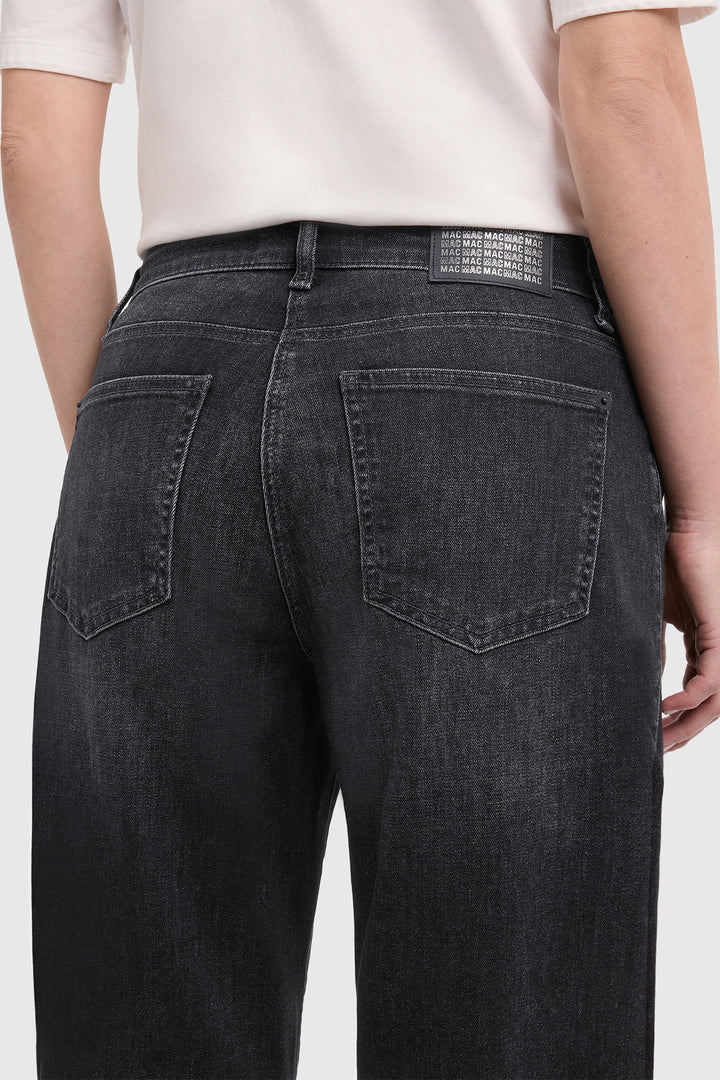 Mac Danni Black Wash Light Authentic Denim Barrel Jeans, back pocket and waistband patch detail