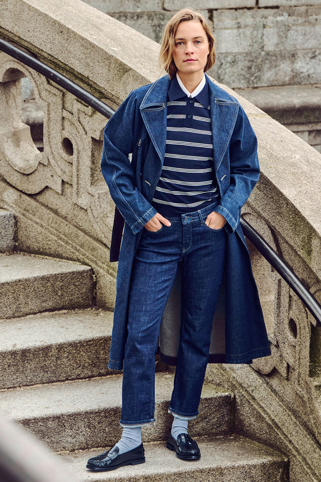 Mac Dream Cropped Fashion Rinsed Blue Jeans, full length front, styled outdoors with a denim coat
