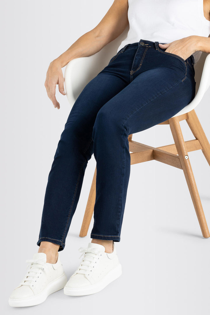 Mac Dream Dark Washed Blue Jeans, full length side, seated