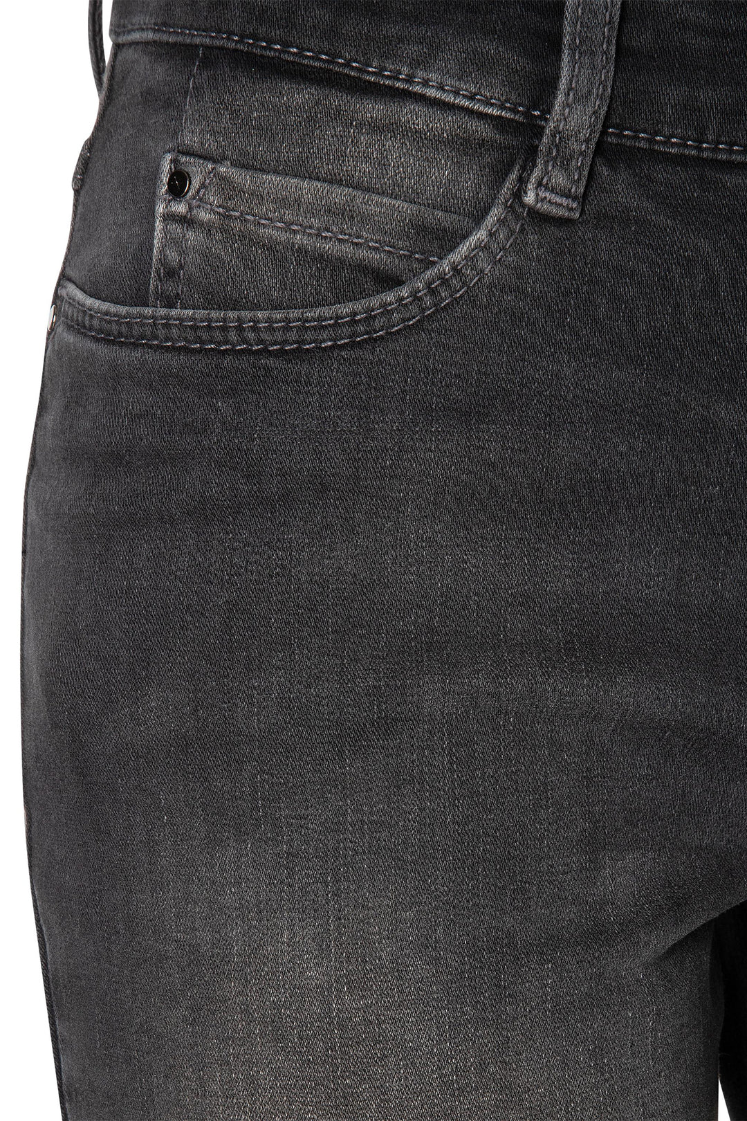 Close-up of dark gray jeans with a focus on the pocket area.
