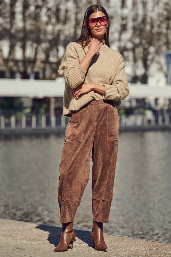 Mac Tilda Worker Truffle Brown Velour Trousers - front view, styled
