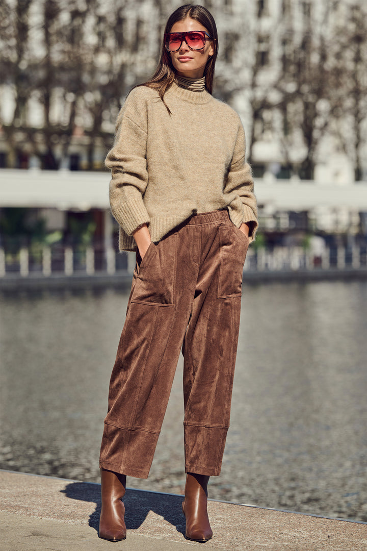 Mac Tilda Worker Truffle Brown Velour Trousers - front view, full length
