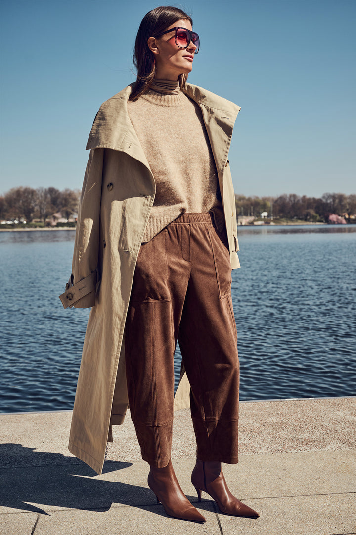 Mac Tilda Worker Truffle Brown Velour Trousers - styled with trench coat
