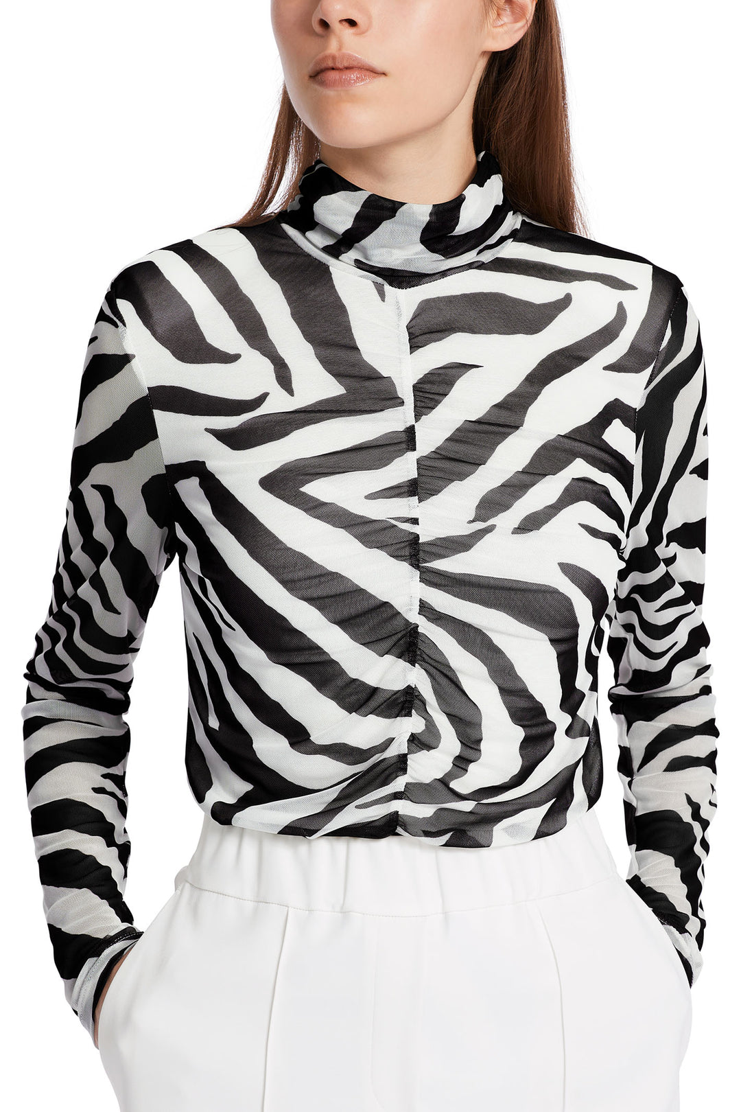 Marc Cain 48.13 J12 Black White Zebra Animal Print Mesh Roll Neck Top - Olivia Grace Fashion
