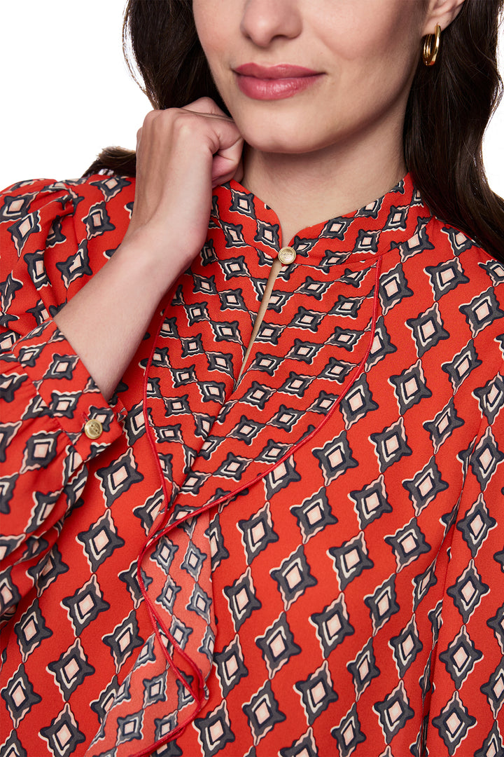 Marc Cain AC 51.02 W04 Red Print Ruffle Neck Blouse