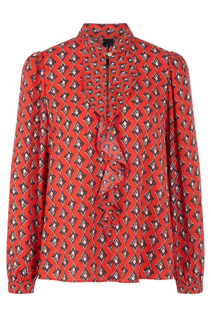 Marc Cain AC 51.02 W04 Red Print Ruffle Neck Blouse