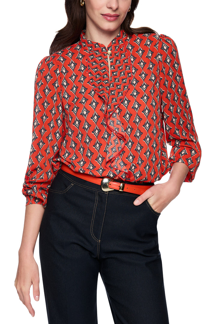 Marc Cain AC 51.02 W04 Red Print Ruffle Neck Blouse