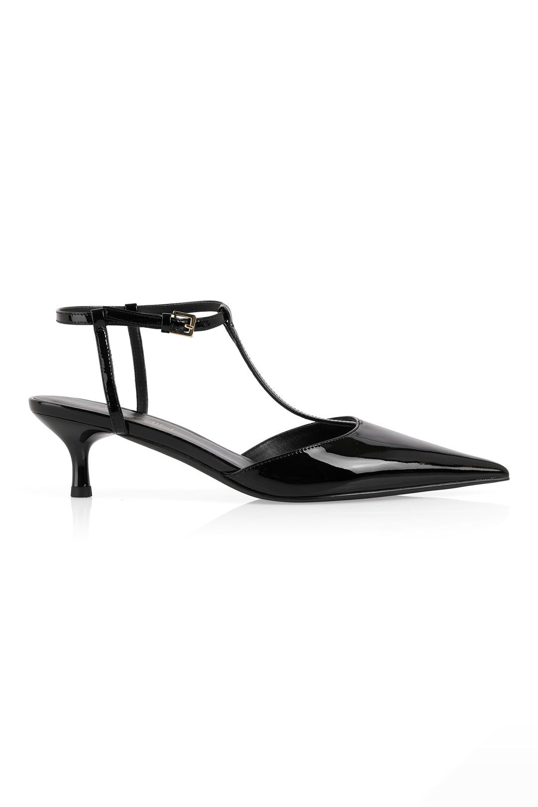 Black patent leather slingback heels on a white background