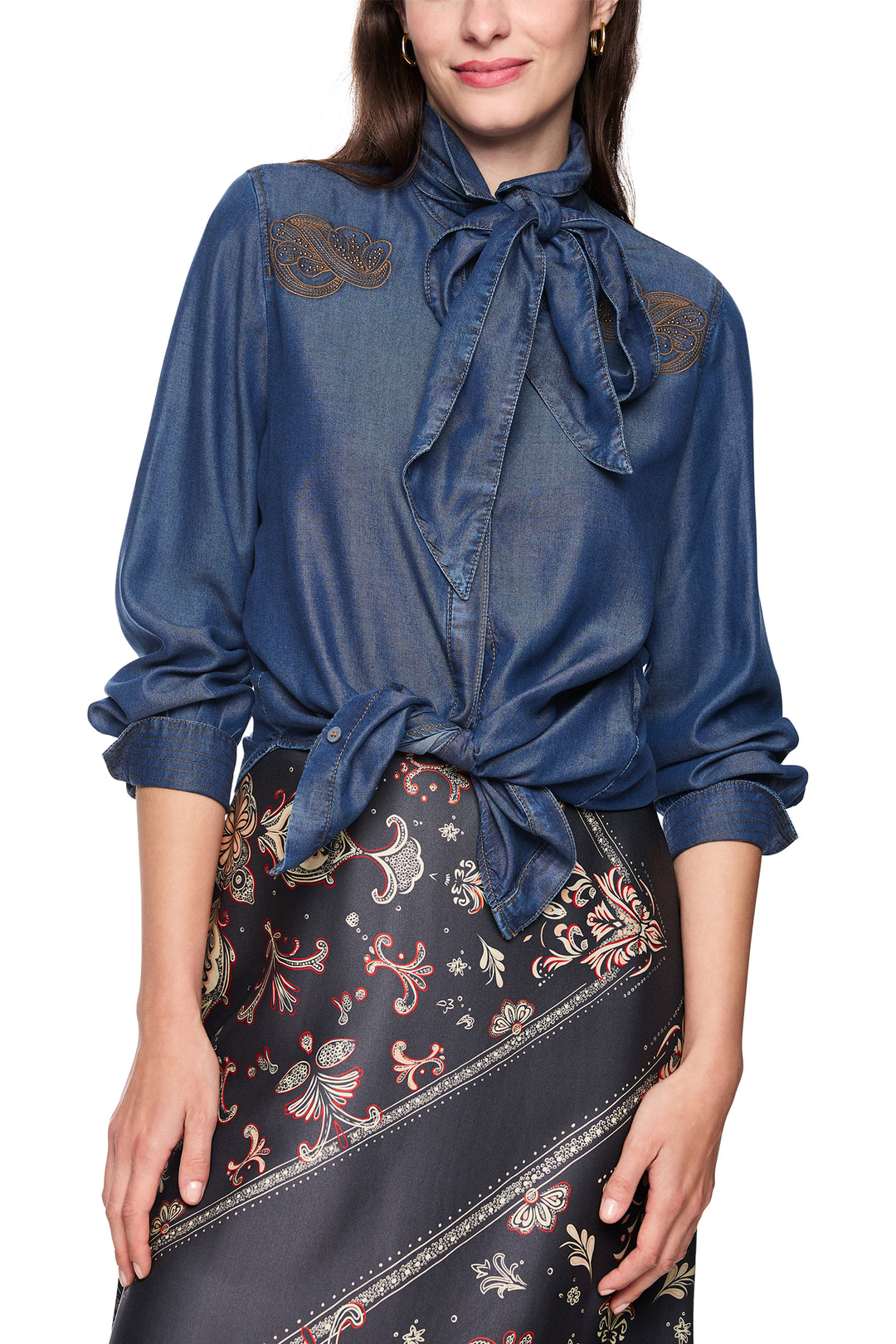 Marc Cain AC 51.01 D63 Blue Denim Tie Neck Shirt