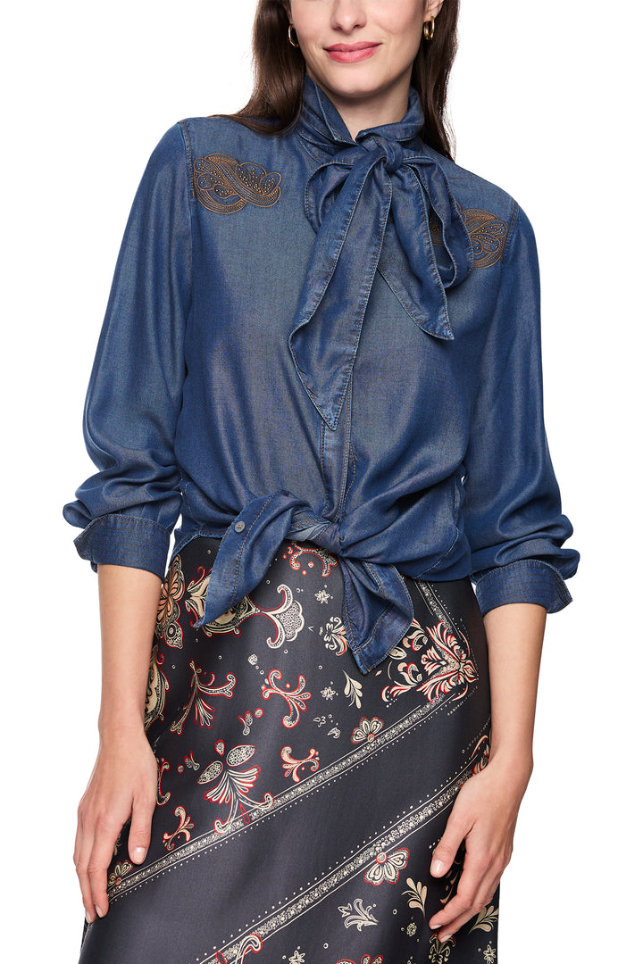 Marc Cain AC 51.01 D63 Blue Denim Tie Neck Shirt