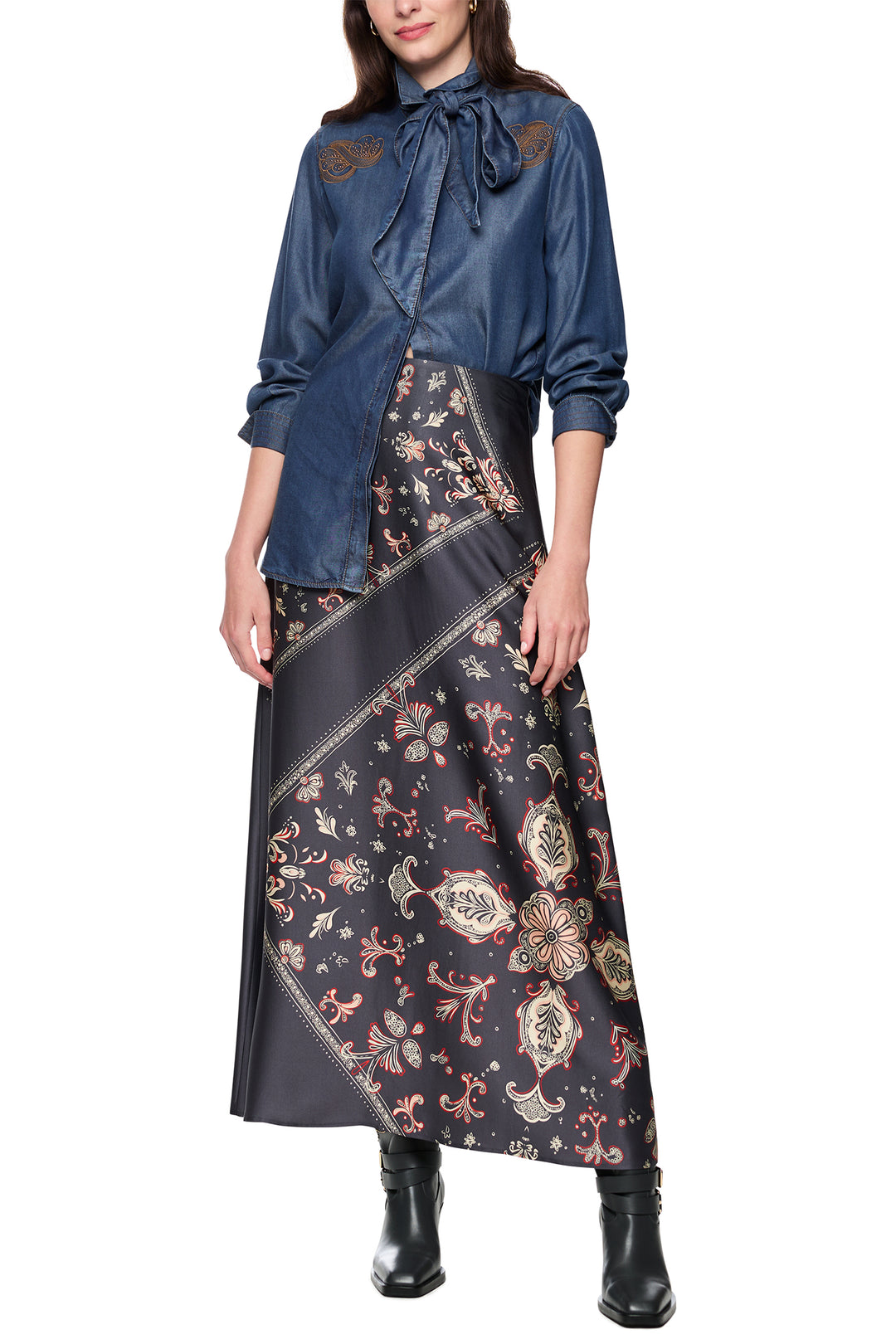 Marc Cain AC 51.01 D63 Blue Denim Tie Neck Shirt