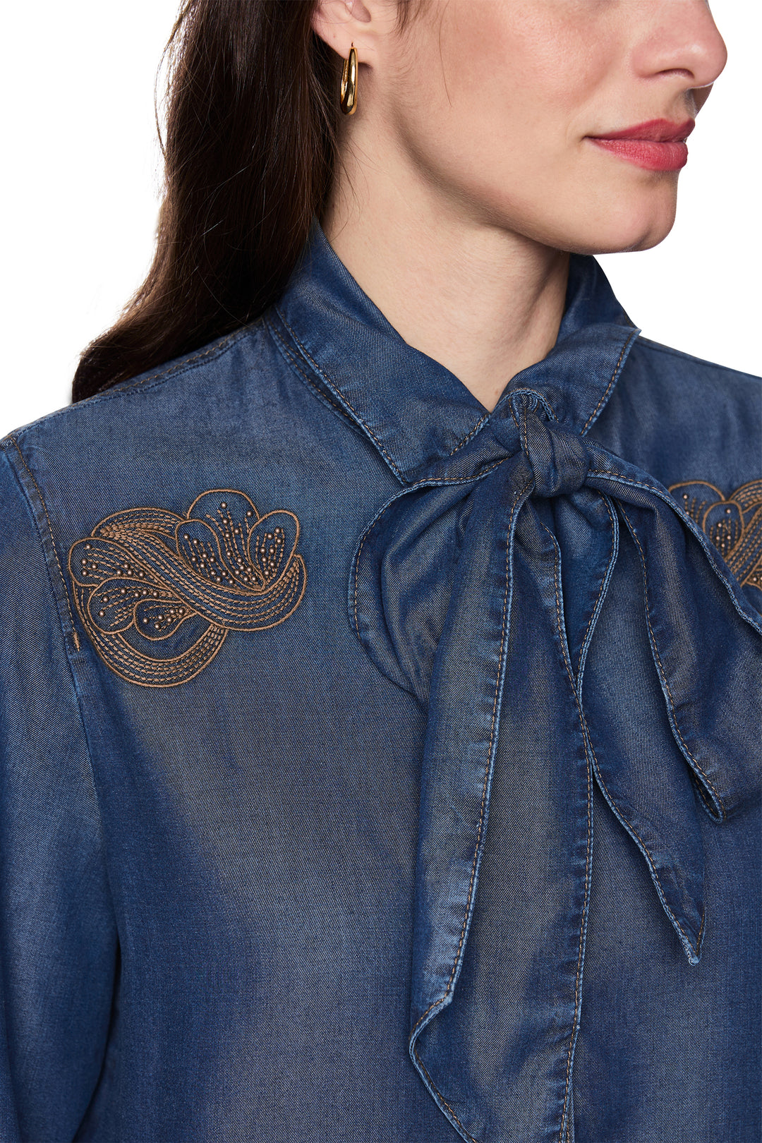 Marc Cain AC 51.01 D63 Blue Denim Tie Neck Shirt