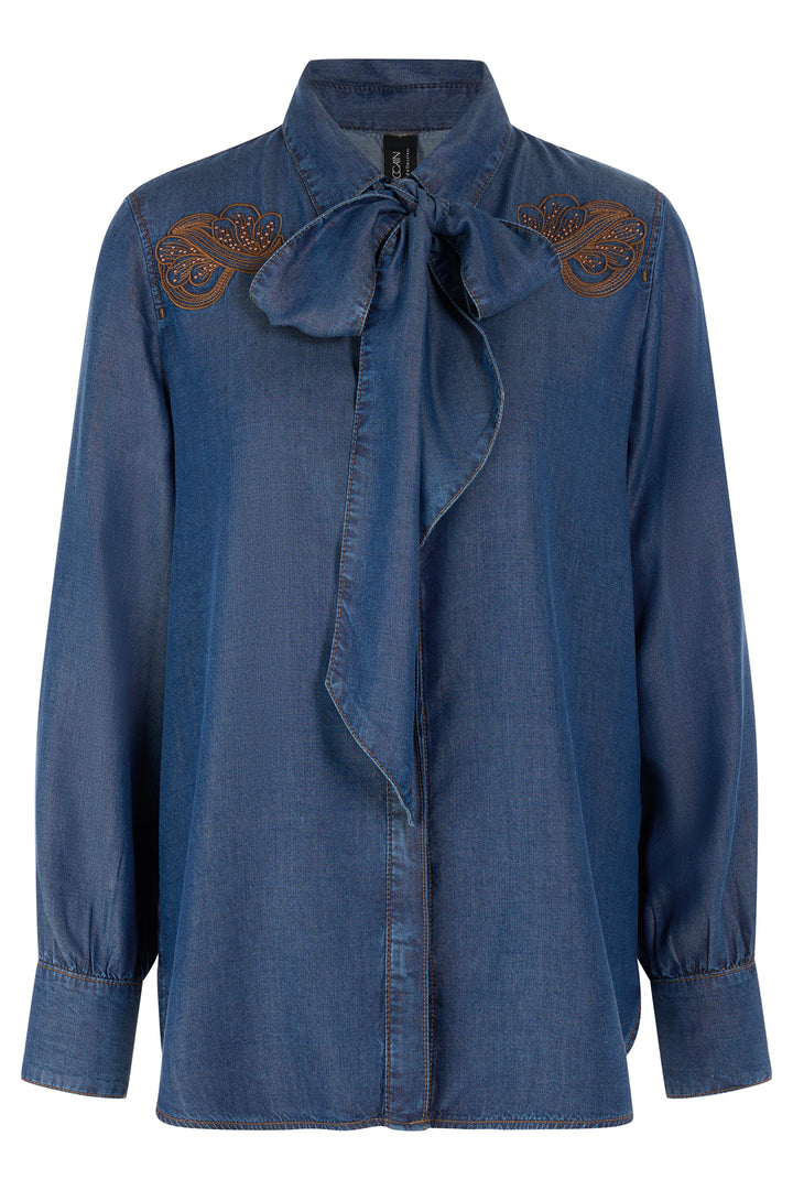 Marc Cain AC 51.01 D63 Blue Denim Tie Neck Shirt