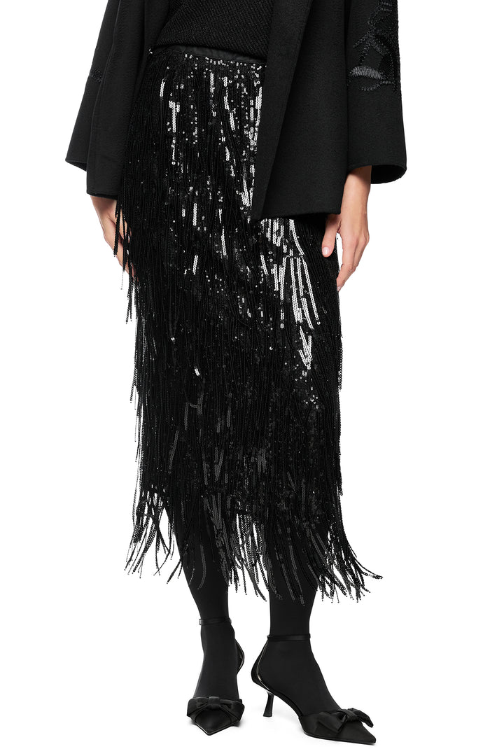 Marc Cain AG 71.05 W04 900 Black Sequin Fringe Skirt