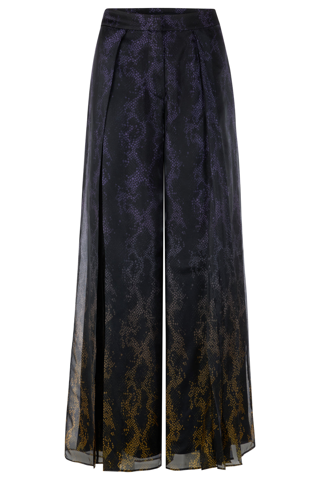 Black and gold patterned wide-leg pants on a white background